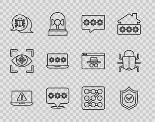 Set line Laptop with exclamation mark, Shield check, Password protection, System bug, password, Graphic and icon. Vector