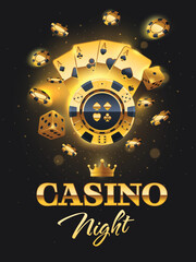 Casino Night flyer illustration with gambling design elements, poker chips, dices and playing cards. Luxury signboard, poster with realistic casino elements. Vector illustration.  