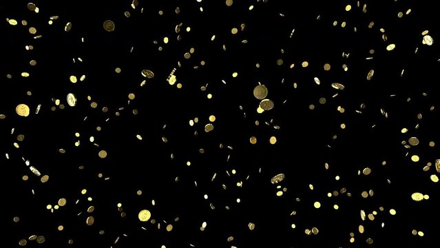 Falling coins or money golden rain motion background with alpha channel. Transparency is embedded in video. Loop.