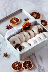 Rousquilles, french and spanish traditional sweet dessert, in a festive box