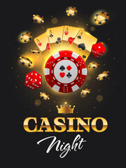 Golden Casino Night flyer illustration with gambling design elements, poker chips, dices and playing cards. Luxury signboard, poster with realistic casino elements. Vector illustration. 