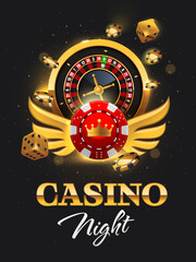 Golden Casino Night flyer illustration with luxury poker chips, dices and roulette wheel. Precious signboard, poster with realistic casino elements. Vector illustration.