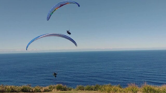 Hang glider pilot launches from the cliff top of Stanwell Tops on the New South Wales, Australia coastline with other hang gliders in flight   