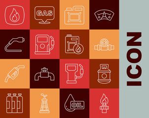 Set line Oil rig with fire, Propane gas tank, Metallic pipes and valve, Canister for motor oil, Petrol station, Electrical cable plug charging, Fire flame and icon. Vector