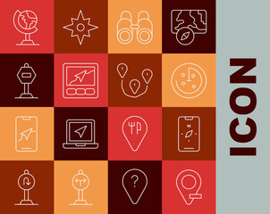 Set line Location, Compass mobile, Radar with targets monitor, Binoculars, Gps device map, Stop sign, Earth globe and Route location icon. Vector