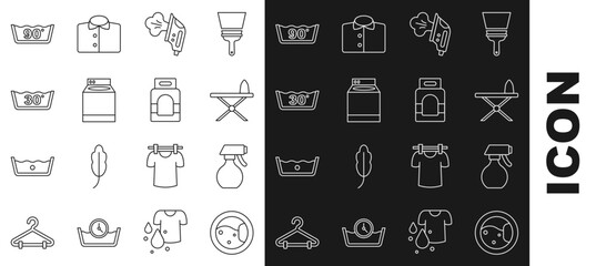 Set line Washer, Water spray bottle, Iron and ironing board, Electric, Temperature wash, and Laundry detergent icon. Vector
