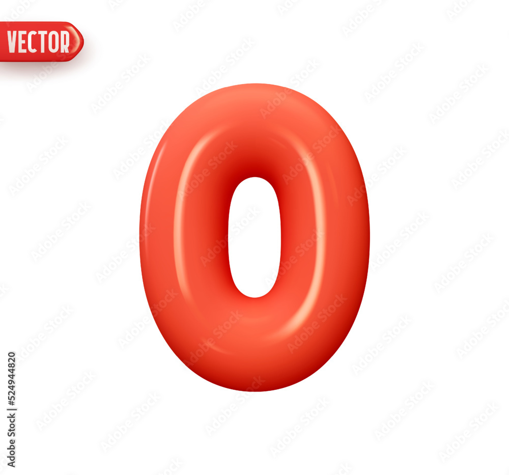 Poster Number 0. Zero Number sign red color. Realistic 3d design in cartoon balloon style. Isolated on white background. vector illustration