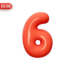 Number 6. Six Number sign red color. Realistic 3d design in cartoon balloon style. Isolated on white background. vector illustration