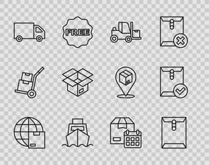 Set line Worldwide shipping, Envelope, Forklift truck, Cargo with boxes delivery, Delivery cargo, Unboxing, Cardboard calendar and and check mark icon. Vector