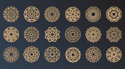Lotus Mandala Vector Template Set for Cutting and Printing. Oriental silhouette ornament. Vector coaster design. - 524945207