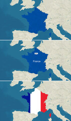 The map of France with text, textless, and with flag