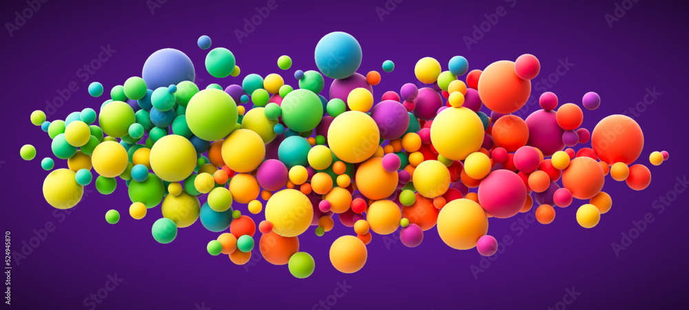 Poster abstract composition with colorful random flying spheres. colorful rainbow matte soft balls in diffe