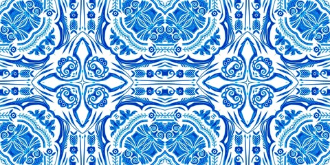  Blue white watercolor azulejo tile border background. Seamless coastal geometrical floral mosaic effect banner. Ornamental arabesque summer fashion repeat edge trim.