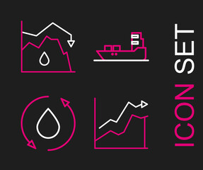 Set line Oil price increase, drop, tanker ship and Drop crude oil icon. Vector