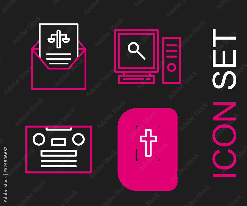 Sticker set line holy bible book, retro audio cassette tape, search on computer screen and subpoena icon. ve