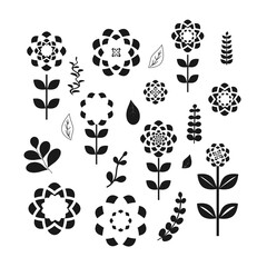 Fototapeta premium Set of Black Flowers and Leafs on white background Vector Illustration