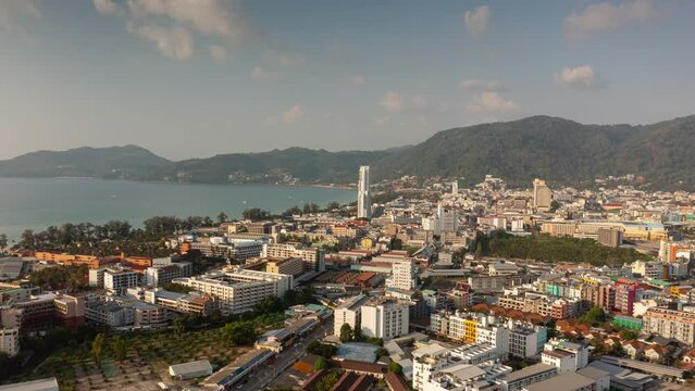 sunny day phuket island famous karon beach town aerial panorama 4k timelapse thailand 