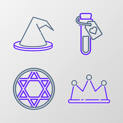 Set line Crown, Star of David, Bottle with love potion and Witch hat icon. Vector