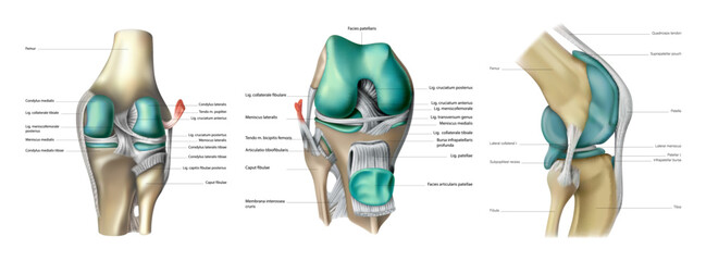 The anatomy of the muscles and bones of the human knee joint on a white background. Vector 3D illustration - obrazy, fototapety, plakaty