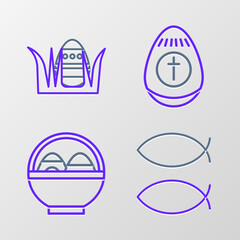 Set line Christian fish, Basket with easter eggs, Easter and icon. Vector