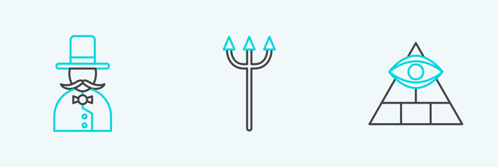 Set line Masons, Magician and Neptune Trident icon. Vector