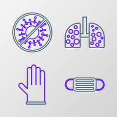 Set line Medical protective mask, rubber gloves, Virus cells in lung and Stop virus icon. Vector