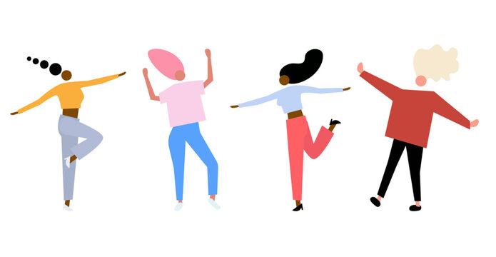 Set of different modern happy women dancing vector illustration