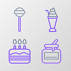 Set line Jar of honey, Cake with burning candles, Milkshake and Lollipop icon. Vector