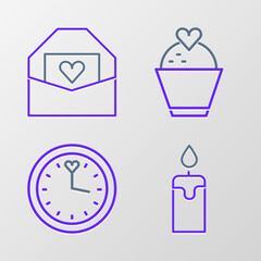 Set line Burning candle, Clock, Wedding cake with heart and Envelope Valentine icon. Vector
