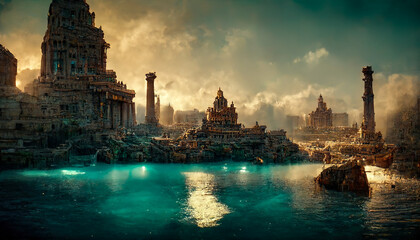 Abstract fantasy landscape, ancient stone temple, neon sunset. Fantasy city on the coast. Atlantis, the lost underwater city. 3D illustration. - obrazy, fototapety, plakaty