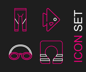 Set line Life jacket, Glasses and cap, Fish and Wetsuit icon. Vector