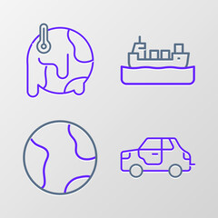 Set line Car, Earth globe, Oil tanker ship and Global warming icon. Vector