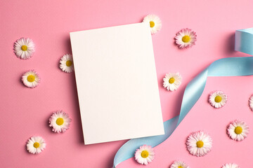 Wedding invitation or greeting card mockup with daisy flowers