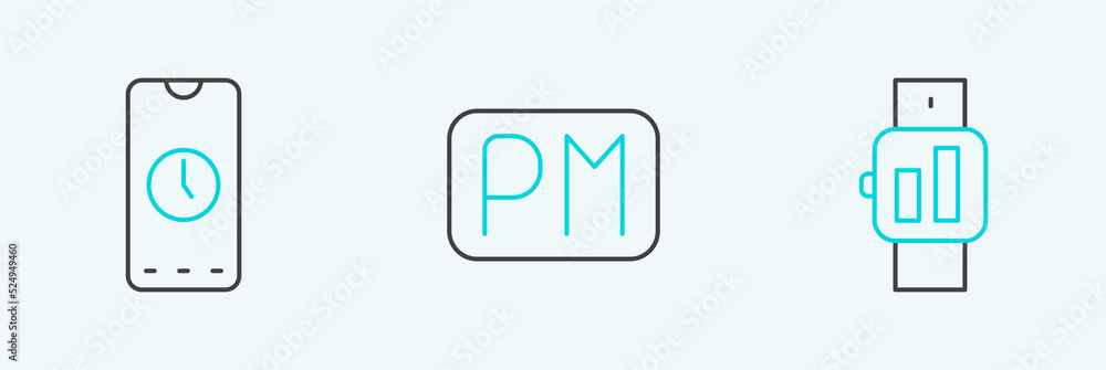 Poster set line smartwatch, alarm clock app mobile and day time icon. vector
