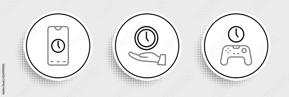 Poster set line gamepad of time, alarm clock app mobile and clock icon. vector