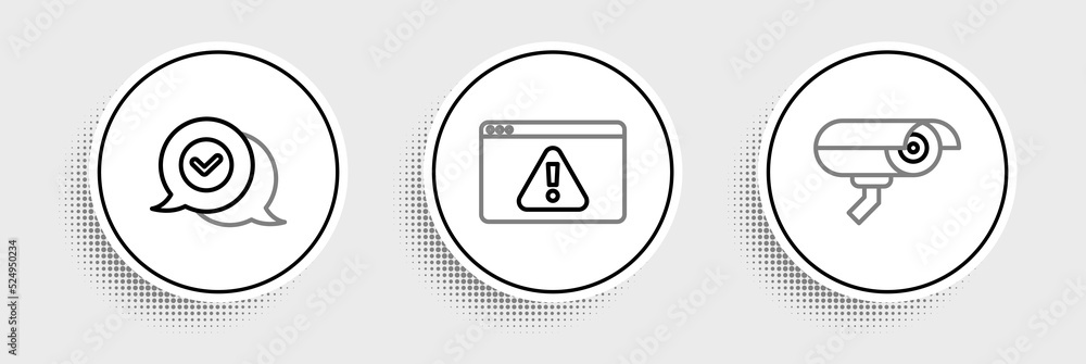 Poster set line security camera, check mark in speech bubble and browser with exclamation icon. vector