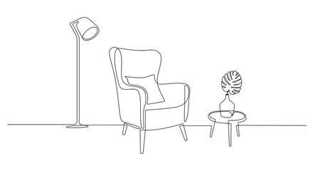 One continuous line drawing of armchair and lamp and potted plant. Modern rustic cozy furniture for living room interior in simple linear style. Editable stroke. Doodle Vector illustration