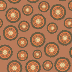 Fototapeta premium Seamless pattern with geometric aboriginal ornament. Ethnic tribal rounded color background. Afican, australian motiph. Dots painting. Vector illustration, template design for cloth, card, fabric