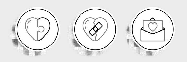 Set line Envelope with Valentine heart, Heart and Healed broken icon. Vector