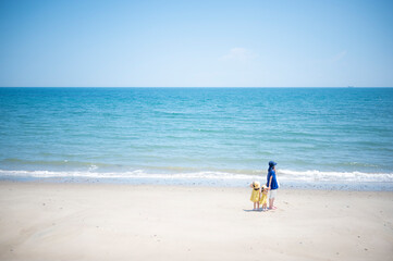 Fototapeta na wymiar 夏の海の砂浜と青い空と親子