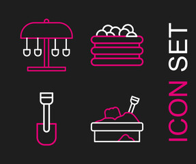 Set line Sandbox with sand, Shovel toy, Pool balls and Attraction carousel icon. Vector