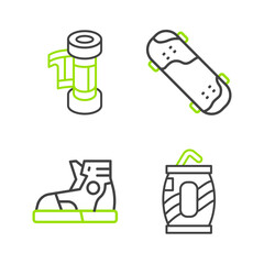 Set line Soda can with straw, Sport sneakers, Skateboard trick and Camera roll cartridge icon. Vector