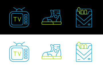 Set line Cigarettes pack box, Retro tv and Sport sneakers icon. Vector