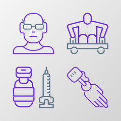 Set line Prosthesis hand, Syringe, Man without legs sitting wheelchair and Poor eyesight icon. Vector