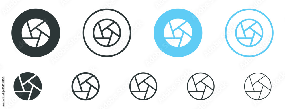 Poster diaphragm aperture icon symbol, camera lens icon. camera shutter icons buttons