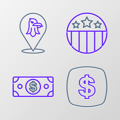 Set line Dollar symbol, Stacks paper money cash, Medal with star and Eagle icon. Vector