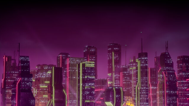Futuristic Metropolis with Pink and Yellow Neon lights. Night scene with Futuristic Architecture.
