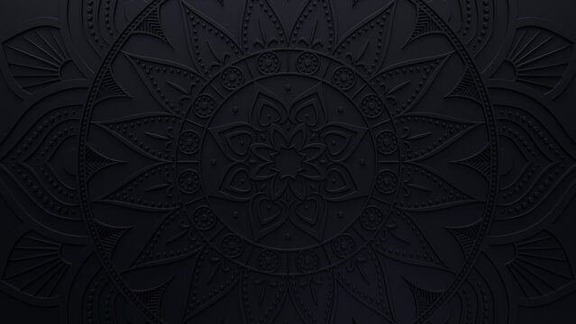 Black Surface with Extruded Ornate Flower. Three-dimensional Diwali Celebration Wallpaper.