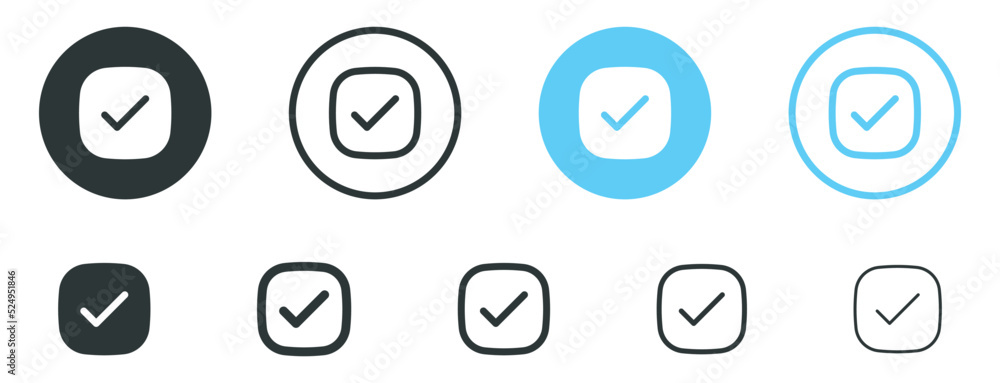 Poster check box icon with correct, accept checkmark icons tick box checked, check list square frame - checkbox symbol approved sign