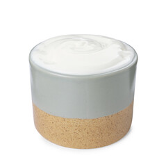 Ceramic bowl with delicious organic yogurt isolated on white